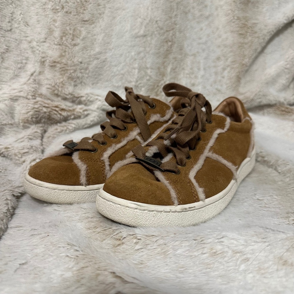 UGG Jass Shearling Suede Sneakers Chestnut Brown Low Top Lace Up Shoes